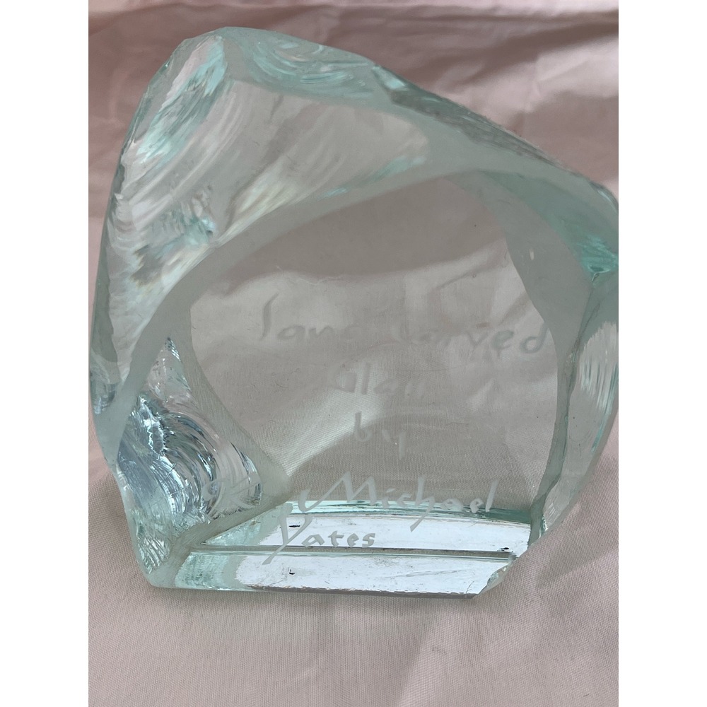 Michael Yates Signed Hand Carved Studio Art Glass Sculpture Seafoam Green Block